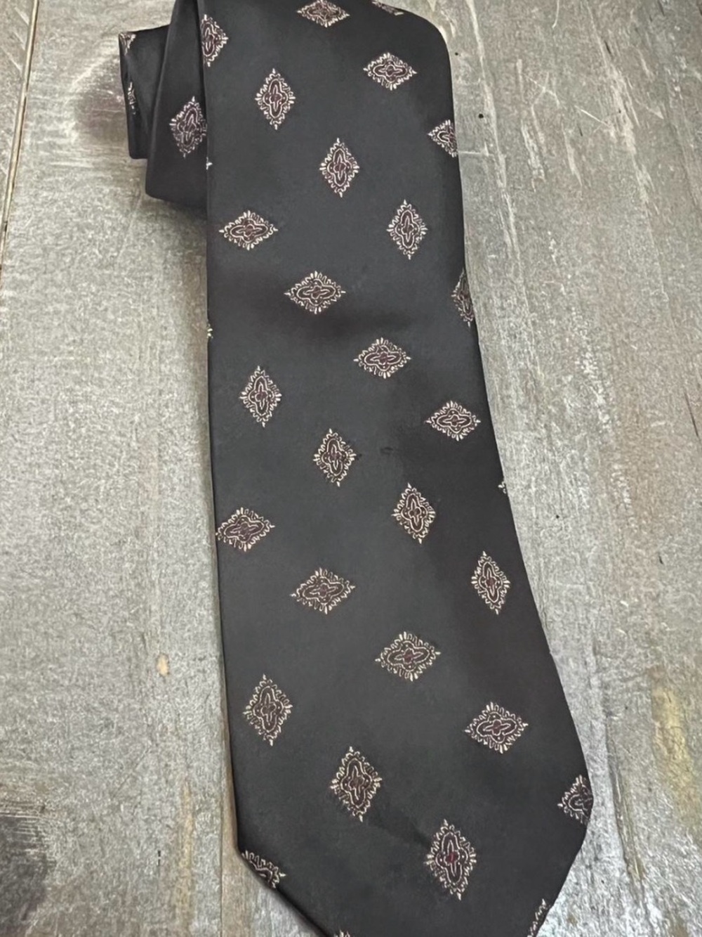 The Men's Store Black Tie with Silver and Maroon Diamond Motif